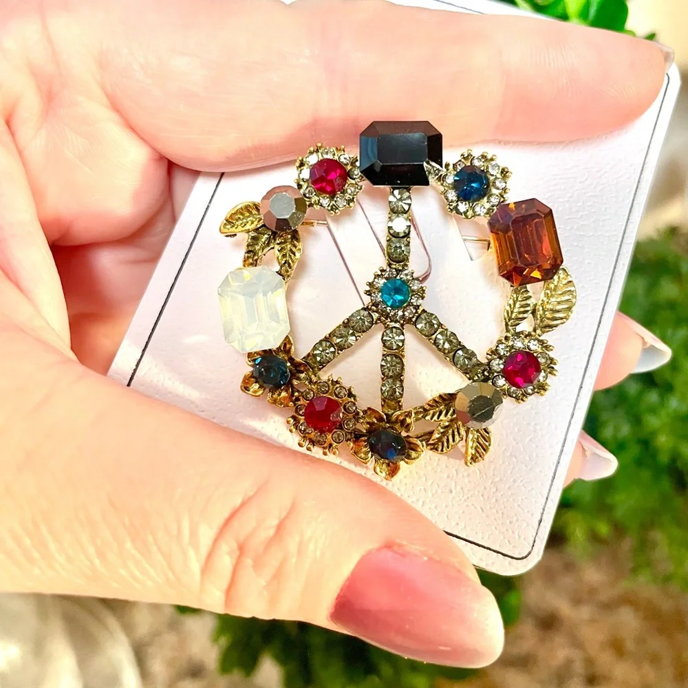 Floral Crystal Peace Sign Brooch - Picture 2 of 6